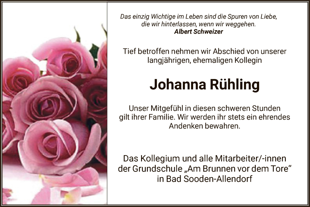  Traueranzeige für Johanna Rühling vom 20.05.2022 aus HNA