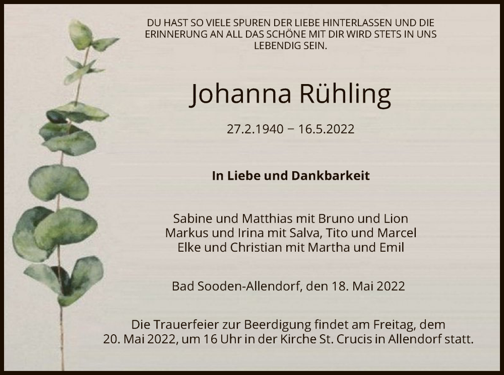  Traueranzeige für Johanna Rühling vom 18.05.2022 aus HNA