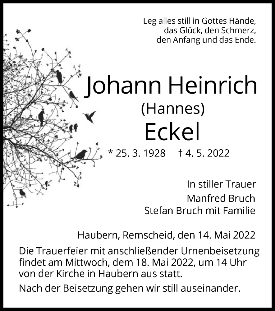  Traueranzeige für Johann Heinrich Eckel vom 14.05.2022 aus HNA