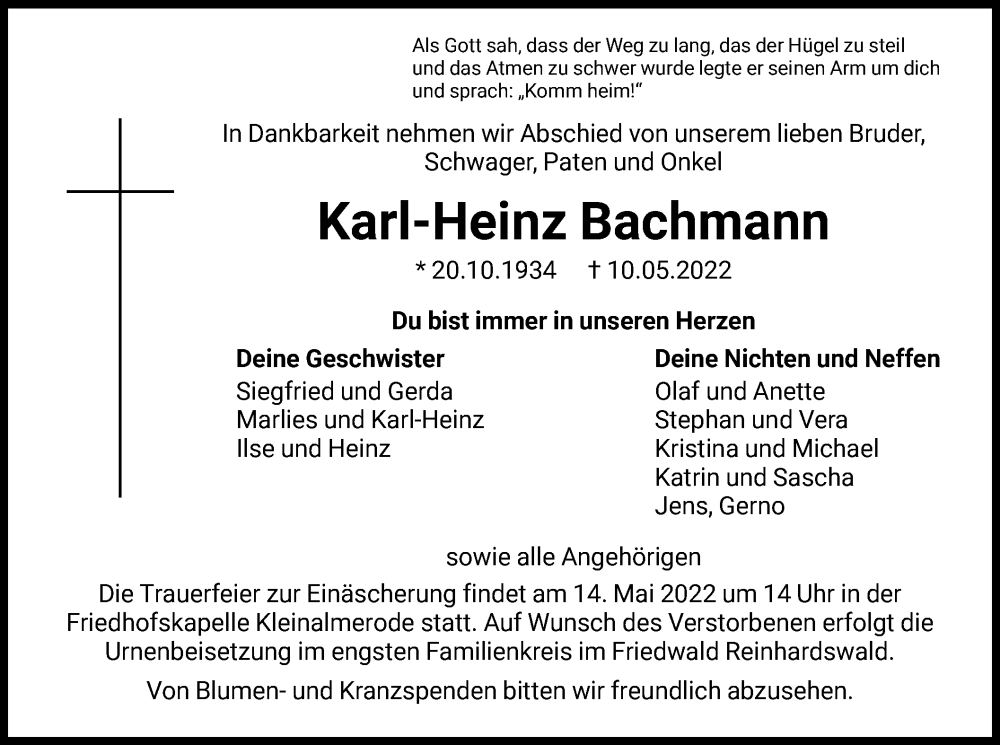 Traueranzeige für Karl-Heinz Bachmann vom 13.05.2022 aus HNA
