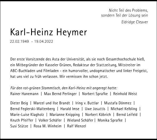 Traueranzeige von Karl-Heinz Heymer von HNA
