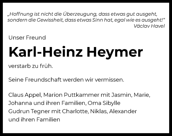 Traueranzeige von Karl-Heinz Heymer von HNA