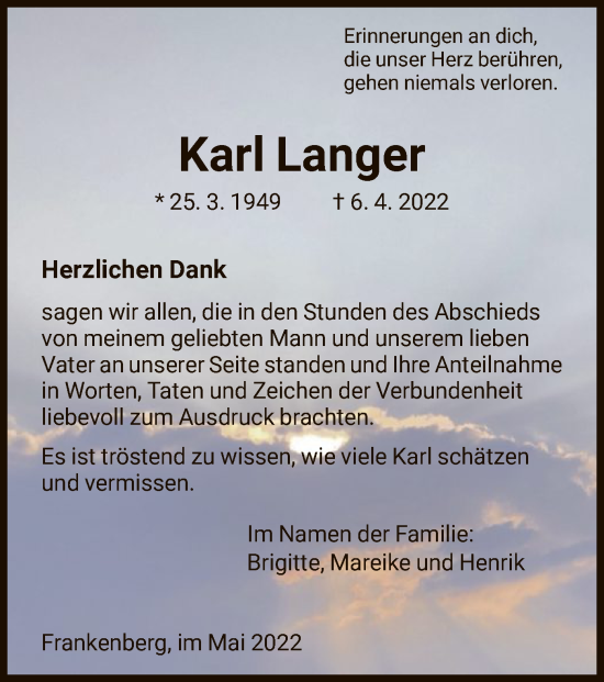 Traueranzeige von Karl Langer von HNA