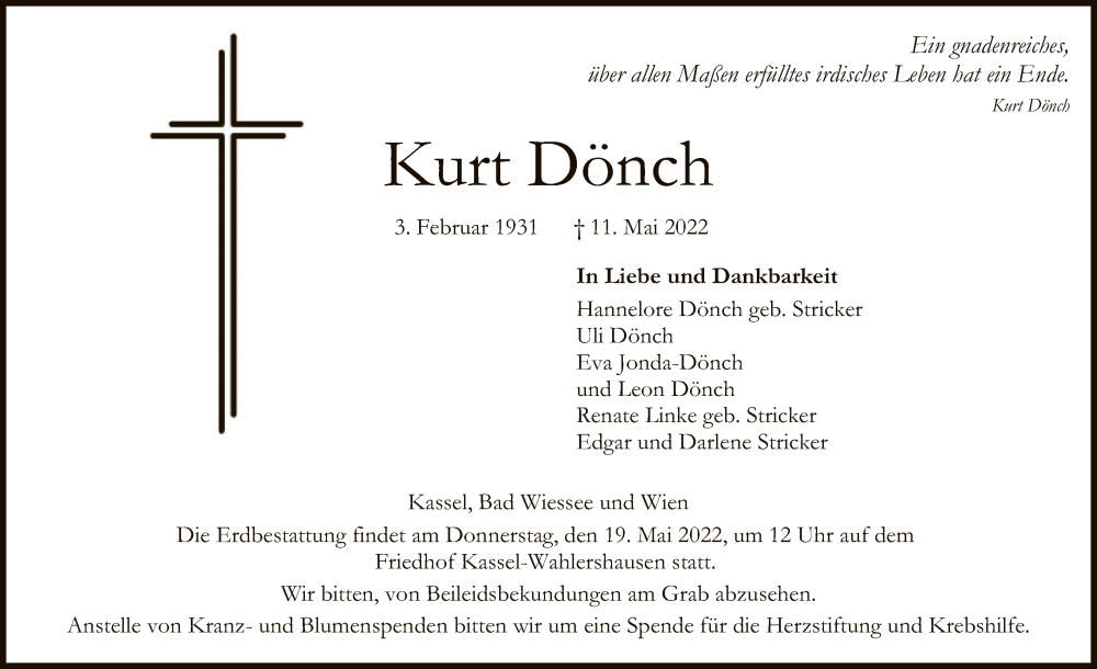  Traueranzeige für Kurt Dönch vom 14.05.2022 aus HNA