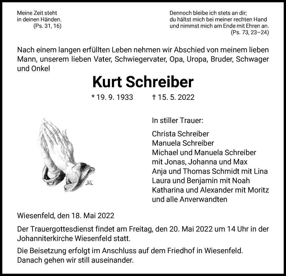  Traueranzeige für Kurt Schreiber vom 18.05.2022 aus HNA