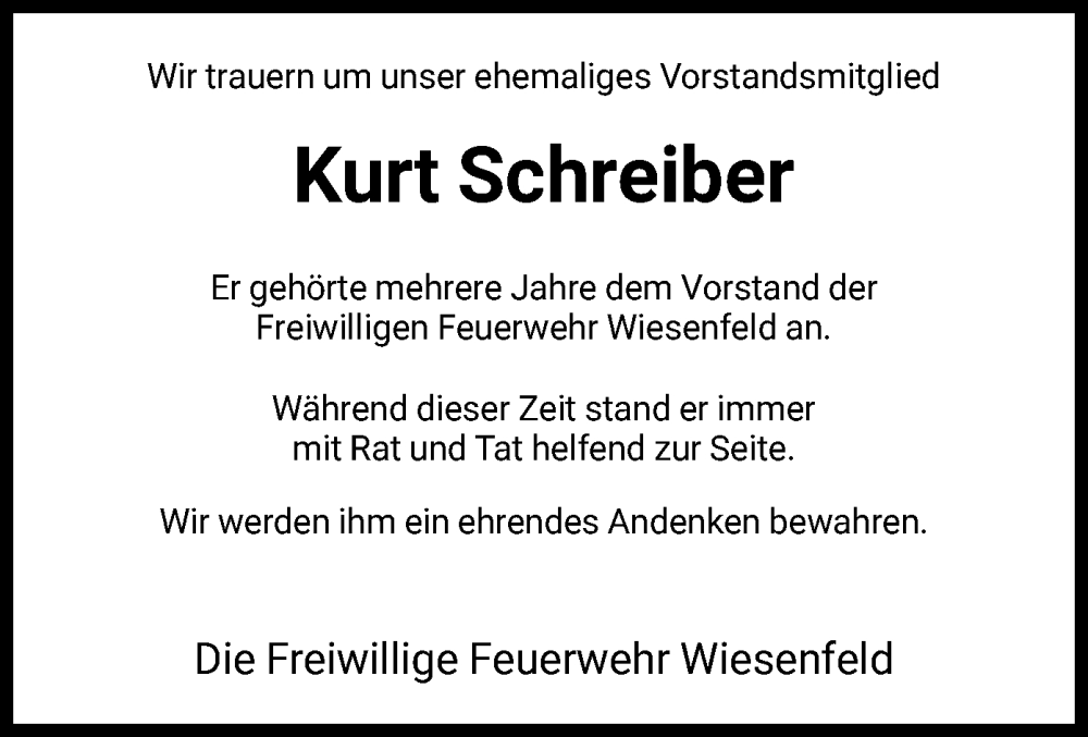  Traueranzeige für Kurt Schreiber vom 19.05.2022 aus HNA
