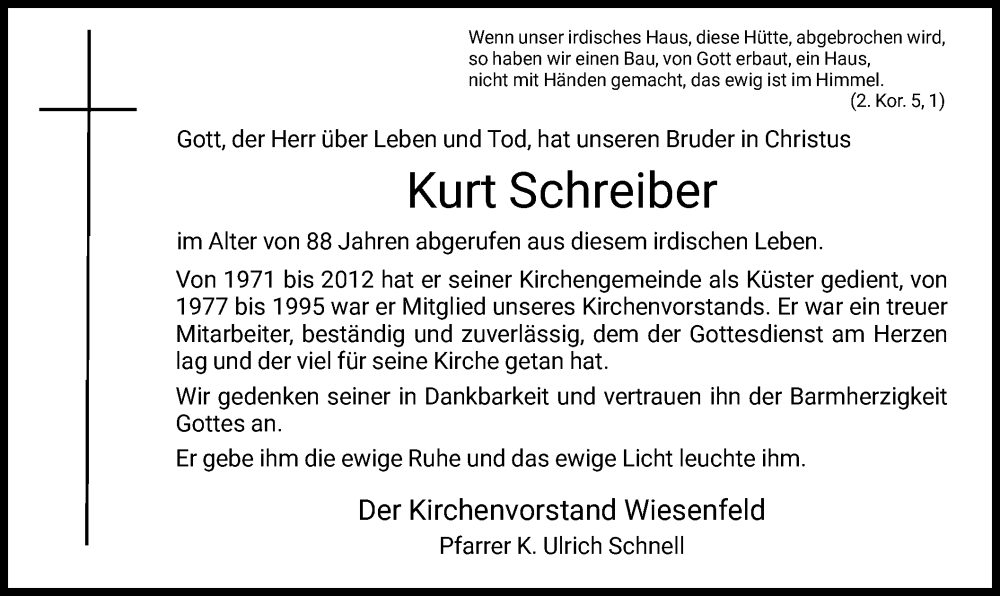  Traueranzeige für Kurt Schreiber vom 20.05.2022 aus HNA