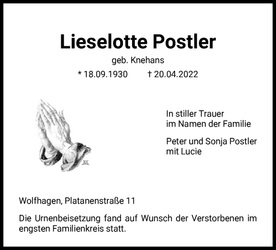 Traueranzeige von Lieselotte Postler von HNA