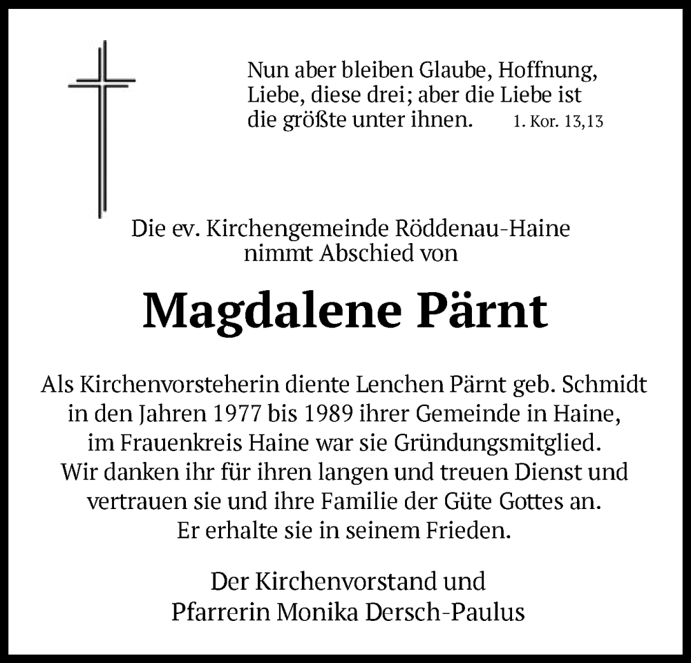  Traueranzeige für Magdalene Pärnt vom 12.05.2022 aus HNA