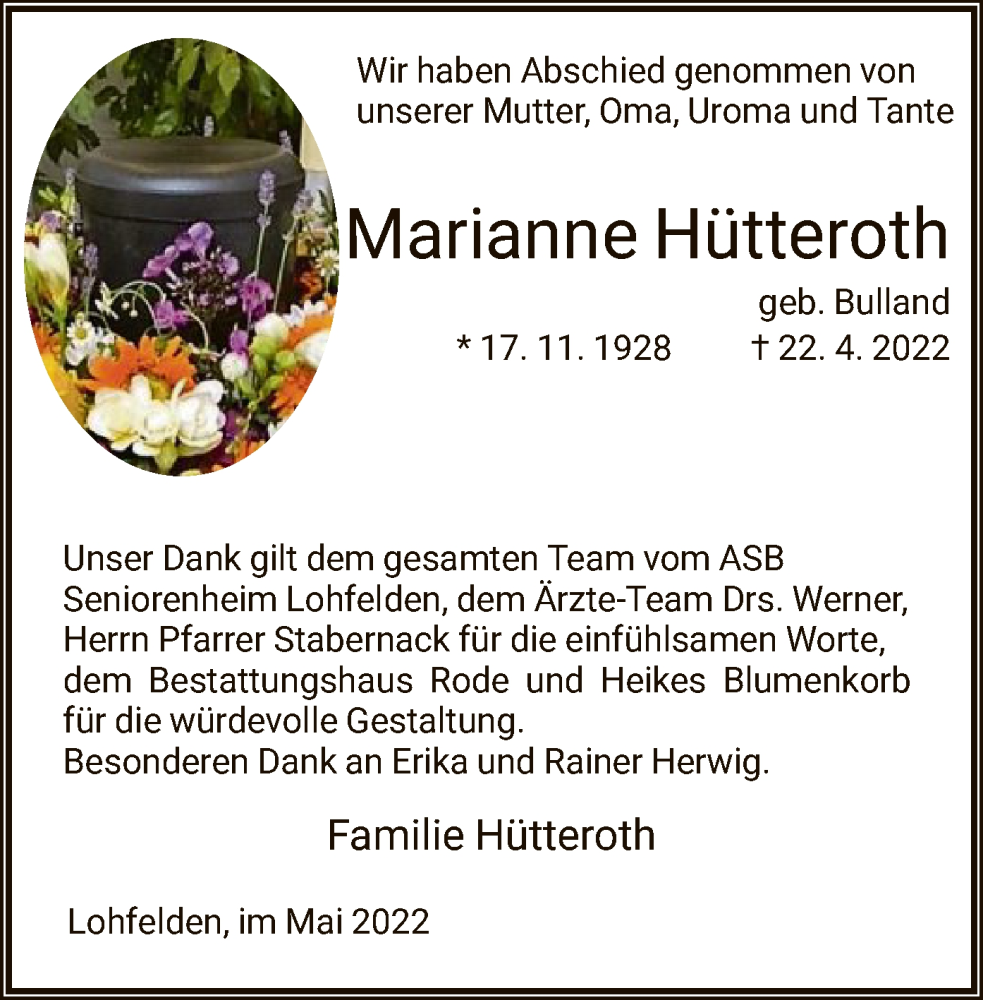  Traueranzeige für Marianne Hütteroth vom 21.05.2022 aus HNA