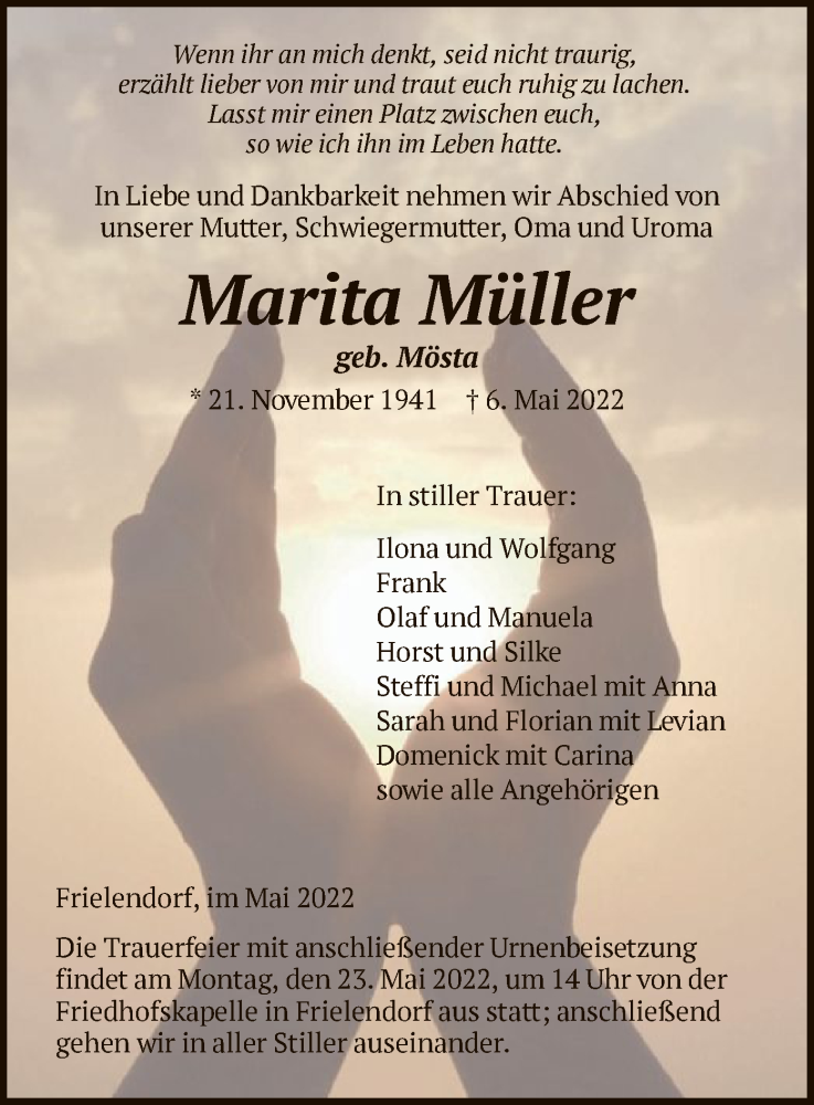  Traueranzeige für Marita Müller vom 17.05.2022 aus HNA