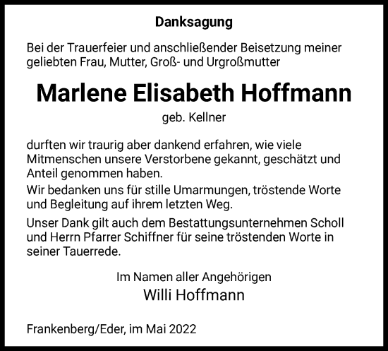 Traueranzeige von Marlene Elisabeth Hoffmann von HNA