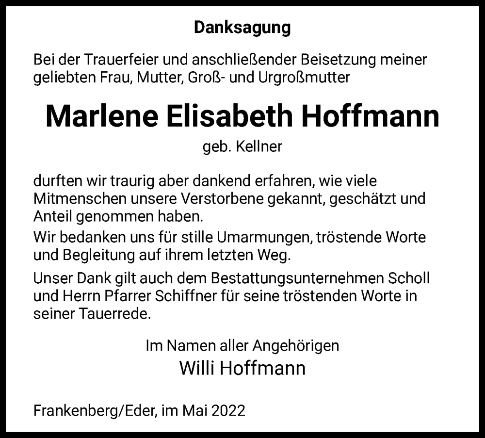  Traueranzeige für Marlene Elisabeth Hoffmann vom 25.05.2022 aus HNA