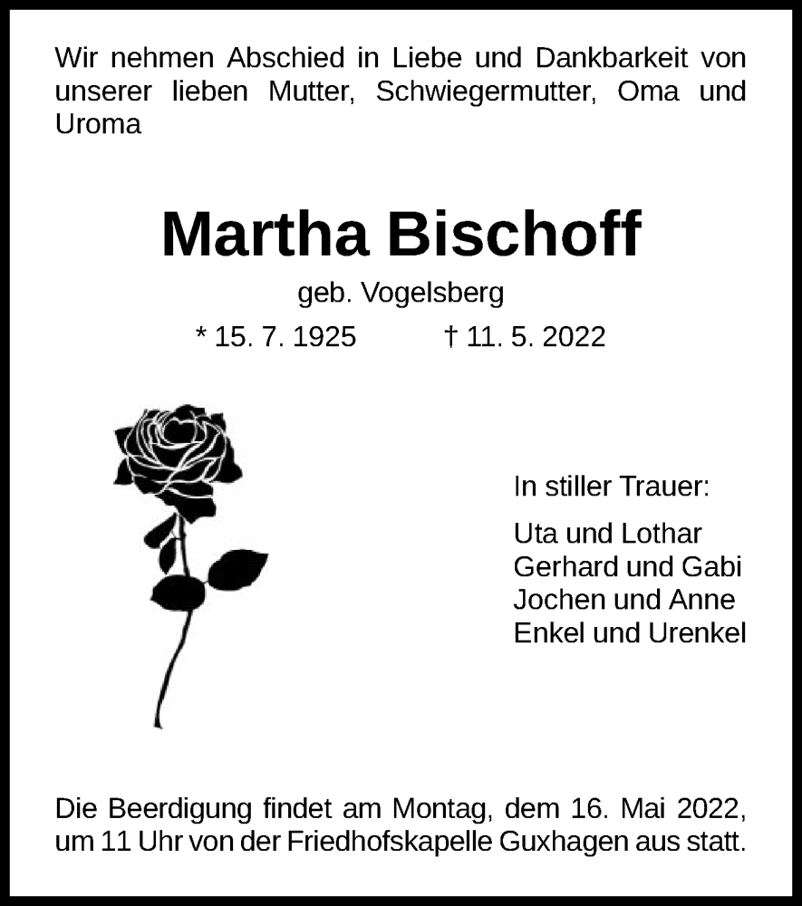  Traueranzeige für Martha Bischoff vom 13.05.2022 aus HNA