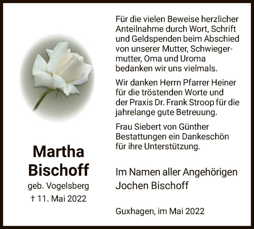  Traueranzeige für Martha Bischoff vom 28.05.2022 aus HNA