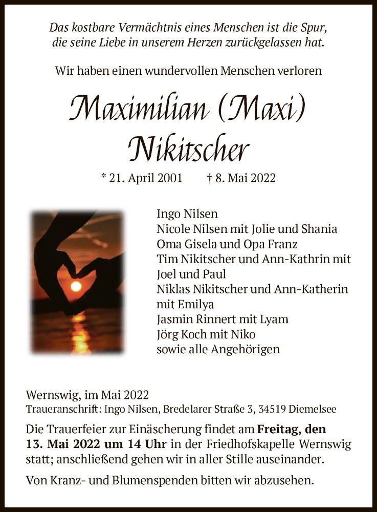  Traueranzeige für Maximilian Nikitscher vom 12.05.2022 aus HNA