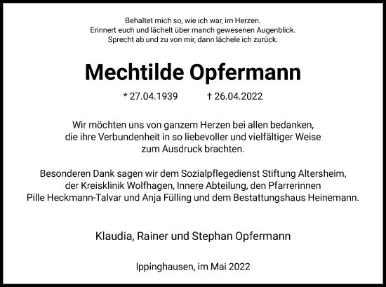 Traueranzeige von Mechtilde Opfermann von HNA