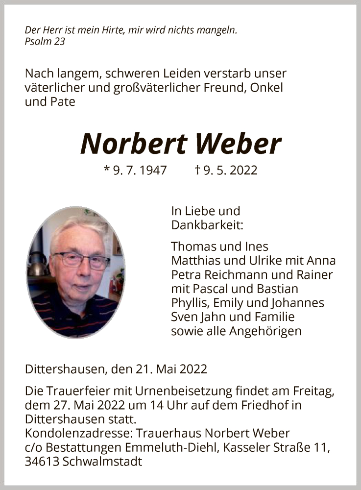  Traueranzeige für Norbert Weber vom 21.05.2022 aus HNA