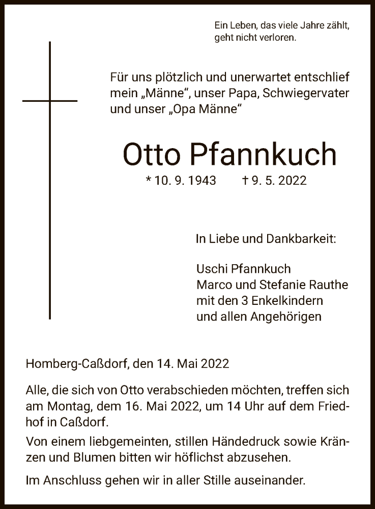  Traueranzeige für Otto Pfannkuch vom 14.05.2022 aus HNA