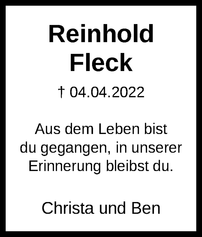  Traueranzeige für Reinhold Fleck vom 04.05.2022 aus HNA