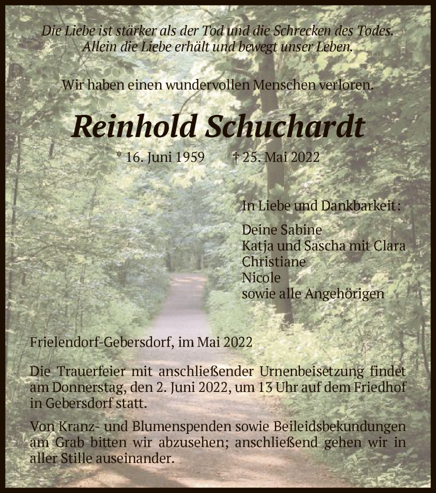  Traueranzeige für Reinhold Schuchardt vom 28.05.2022 aus HNA