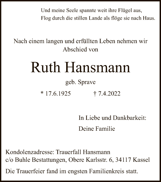 Traueranzeige von Ruth Hansmann von HNA