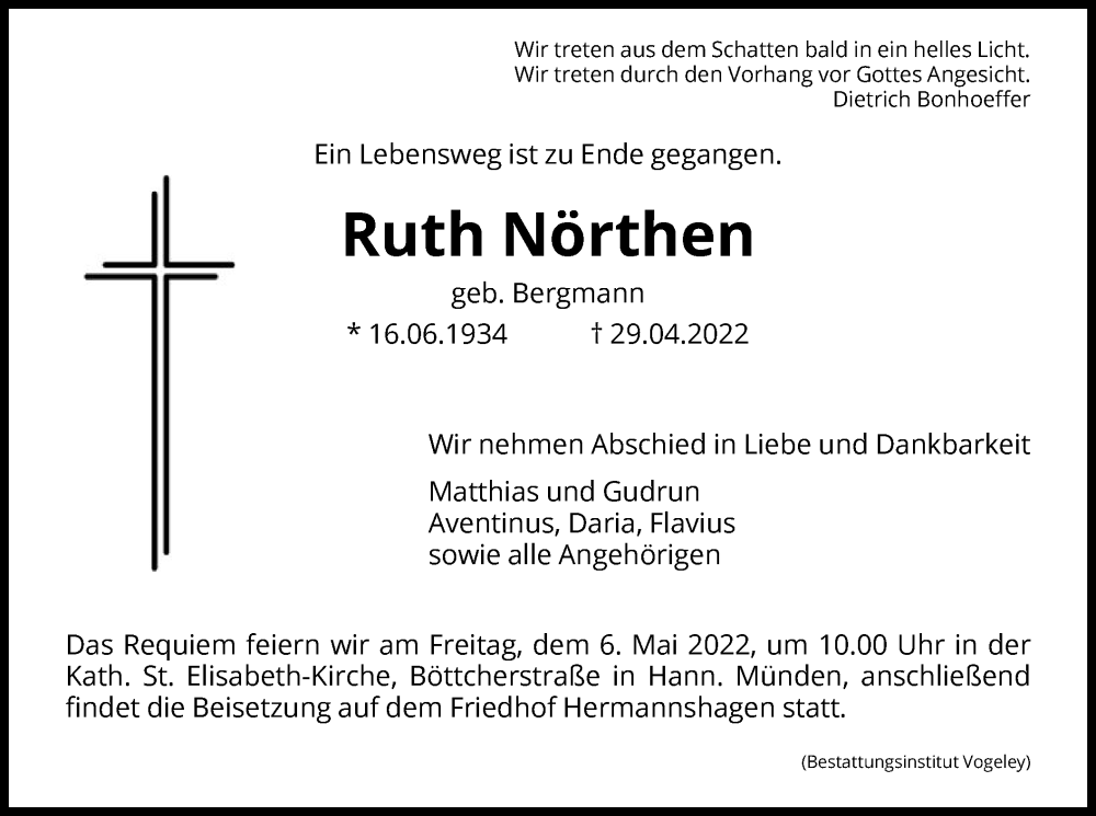  Traueranzeige für Ruth Nörthen vom 04.05.2022 aus HNA