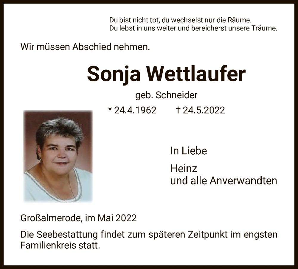  Traueranzeige für Sonja Wettlaufer vom 28.05.2022 aus HNA