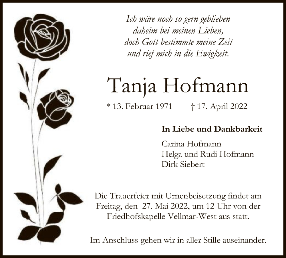  Traueranzeige für Tanja Hofmann vom 21.05.2022 aus HNA