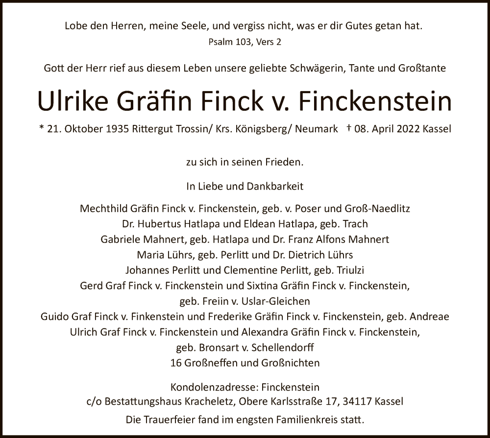  Traueranzeige für Ulricke Gräfin Finck v. Finckenstein vom 14.05.2022 aus HNA