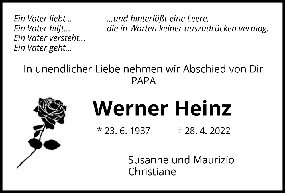  Traueranzeige für Werner Heinz vom 14.05.2022 aus HNA