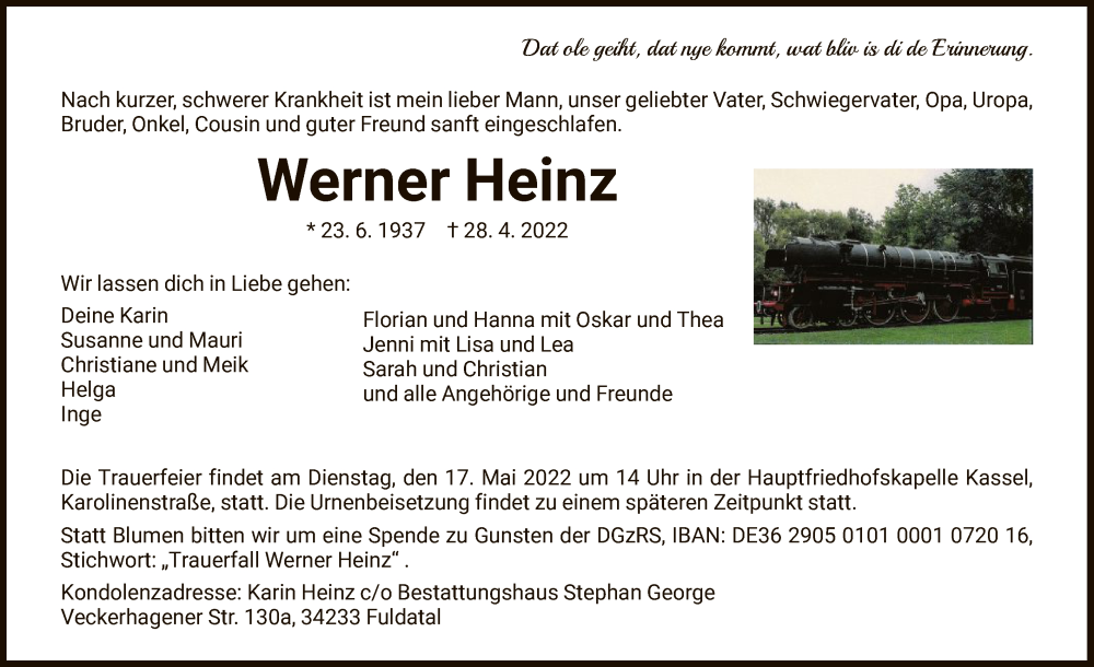  Traueranzeige für Werner Heinz vom 14.05.2022 aus HNA