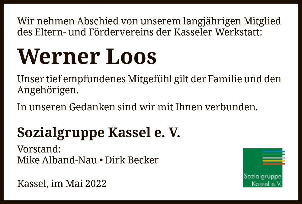  Traueranzeige für Werner Loos vom 21.05.2022 aus HNA