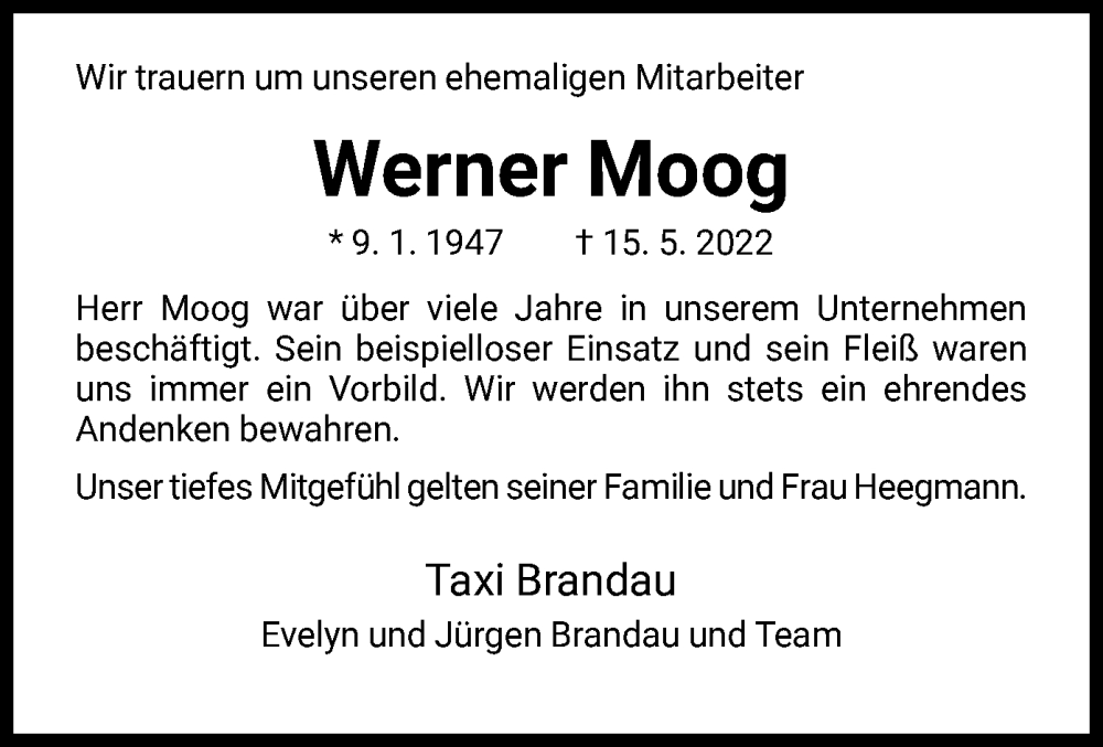  Traueranzeige für Werner Moog vom 19.05.2022 aus HNA
