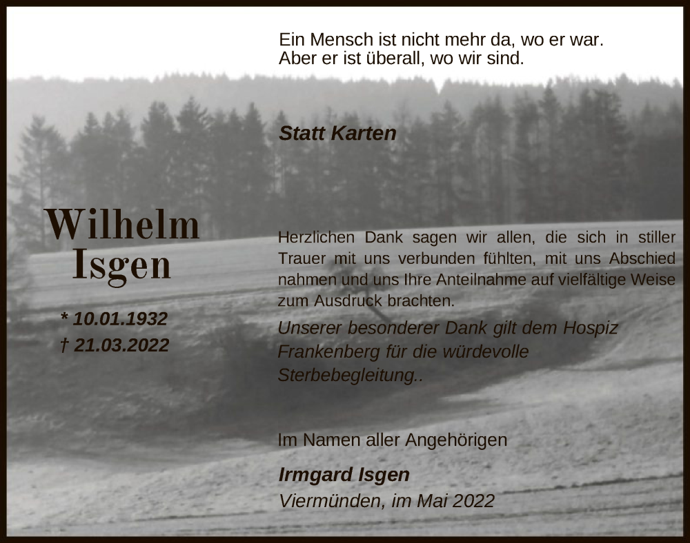 Traueranzeige für Wilhelm Isgen vom 14.05.2022 aus HNA