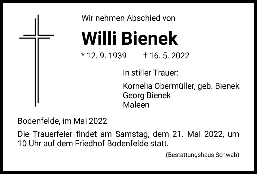  Traueranzeige für Willi Bienek vom 19.05.2022 aus HNA