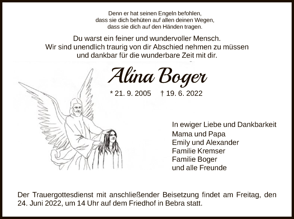  Traueranzeige für Alina Boger vom 23.06.2022 aus HNA
