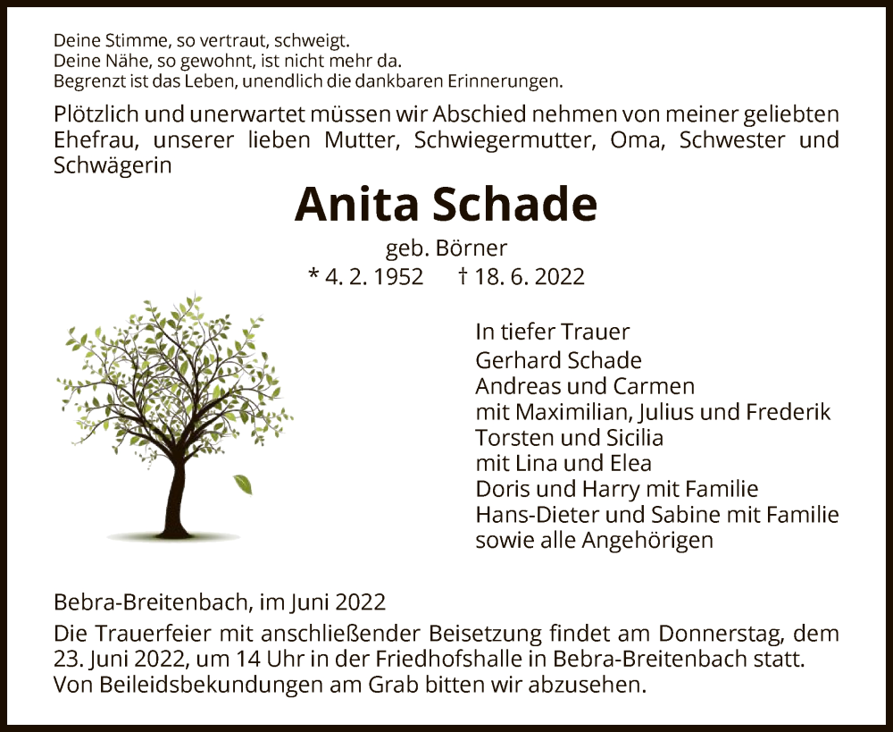  Traueranzeige für Anita Schade vom 21.06.2022 aus HNA