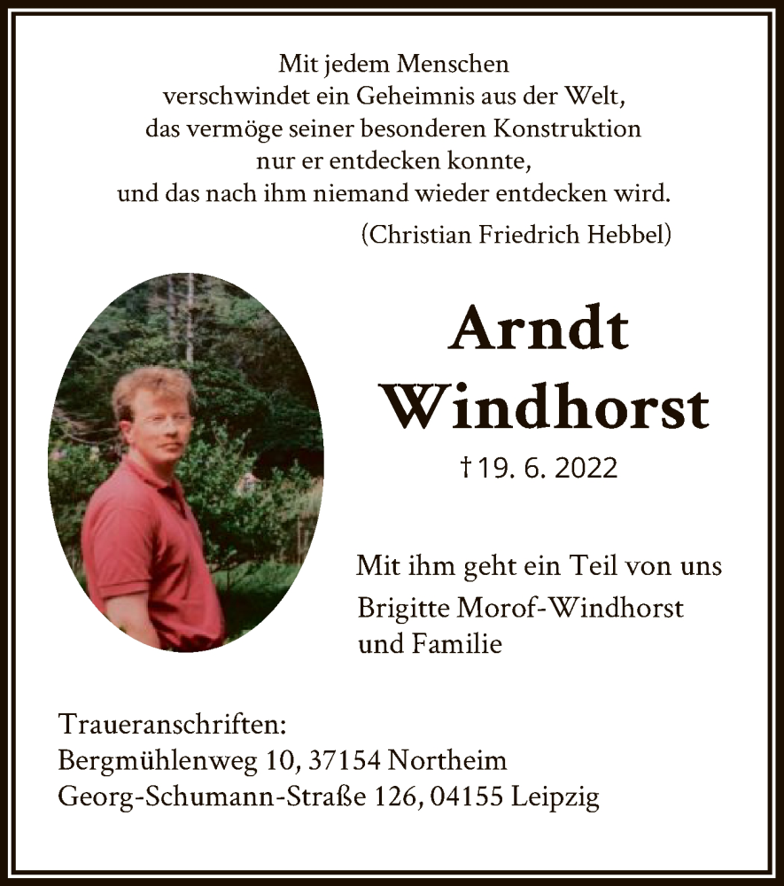  Traueranzeige für Arndt Windhorst vom 23.06.2022 aus HNA