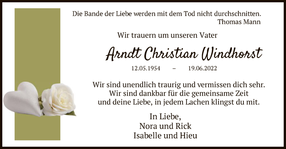  Traueranzeige für Arndt Christian Windhorst vom 22.06.2022 aus HNA