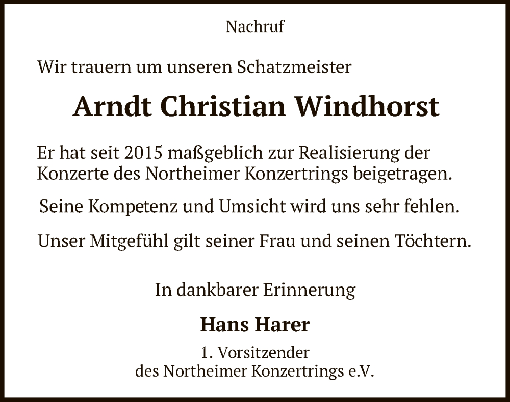  Traueranzeige für Arndt Christian Windhorst vom 24.06.2022 aus HNA