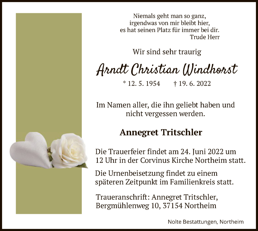  Traueranzeige für Arndt Christian Windhorst vom 22.06.2022 aus HNA