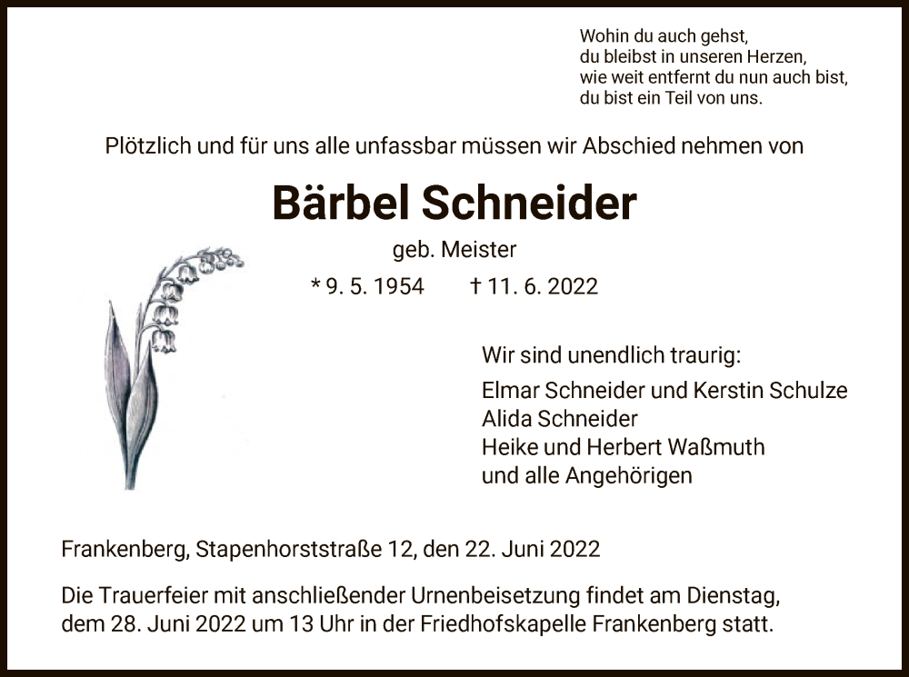  Traueranzeige für Bärbel Schneider vom 22.06.2022 aus HNA