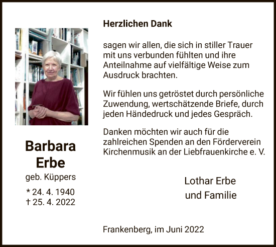 Traueranzeige von Barbara Erbe von HNA