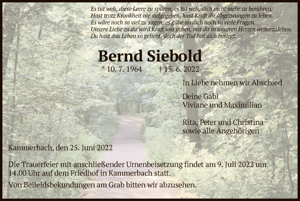  Traueranzeige für Bernd Siebold vom 25.06.2022 aus HNA