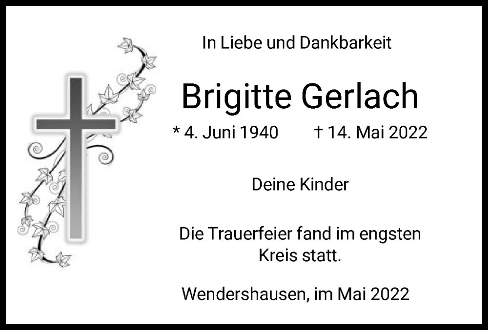  Traueranzeige für Brigitte Gerlach vom 01.06.2022 aus HNA