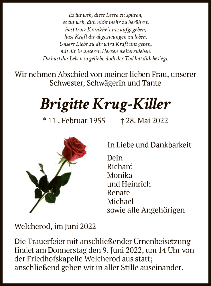  Traueranzeige für Brigitte Krug-Killer vom 04.06.2022 aus HNA