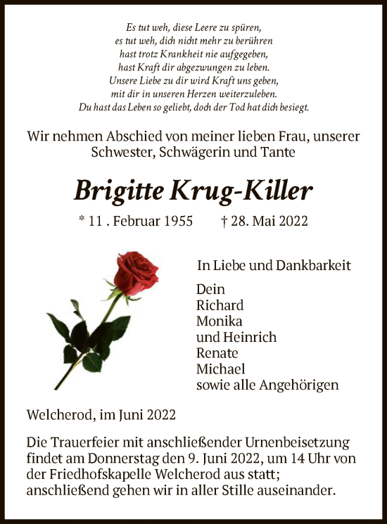 Traueranzeige von Brigitte Krug-Killer von HNA