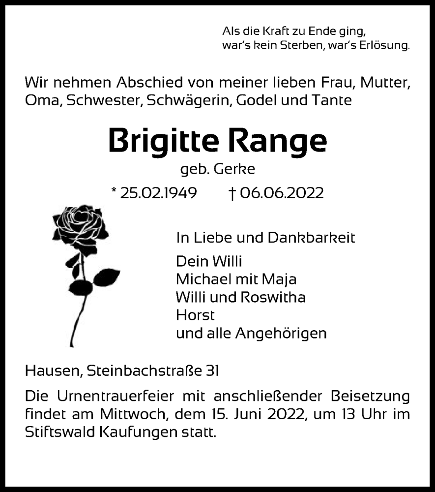  Traueranzeige für Brigitte Range vom 11.06.2022 aus HNA