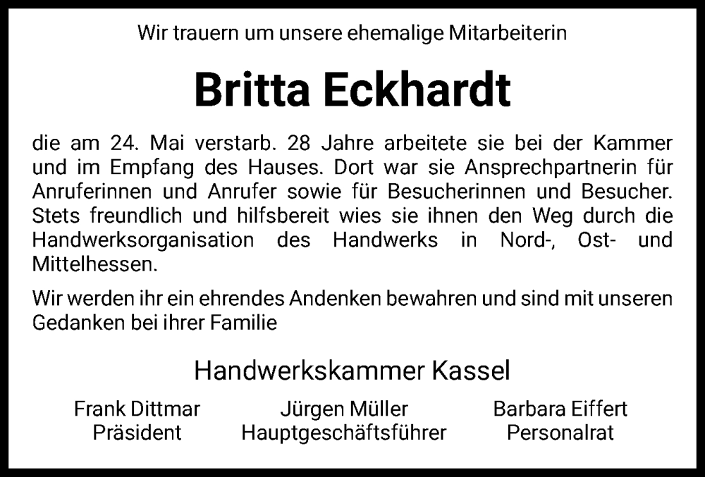  Traueranzeige für Britta Eckhardt vom 25.06.2022 aus HNA
